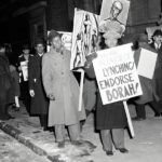 Demonstrators protesting Senator William Borah’s stand against anti-lynching legislation outside Kismet Temple, Brooklyn, NY, January 28, 1936. Photo: Bettmann/Getty Images. Demonstrators protesting Senator William Borah’s stand against anti-lynching legislation outside Kismet Temple, Brooklyn, NY, January 28, 1936. Photo: Bettmann/Getty Images